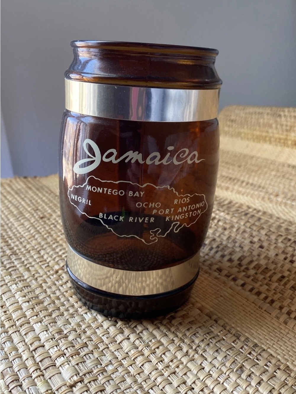 Vintage Brown Jamaica Glass Travel Mug with Silver Bands